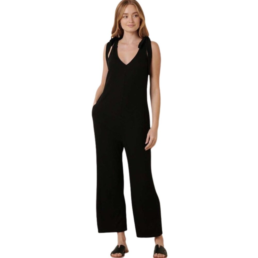 Rib Knit Cross Back Jumpsuit in Black
